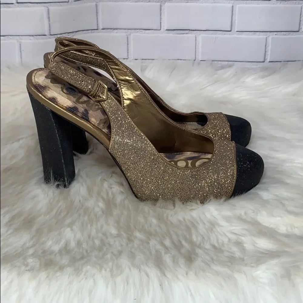 Sam‎ Edelman Finn Glitter Gold/Black Heels Sz 8.5